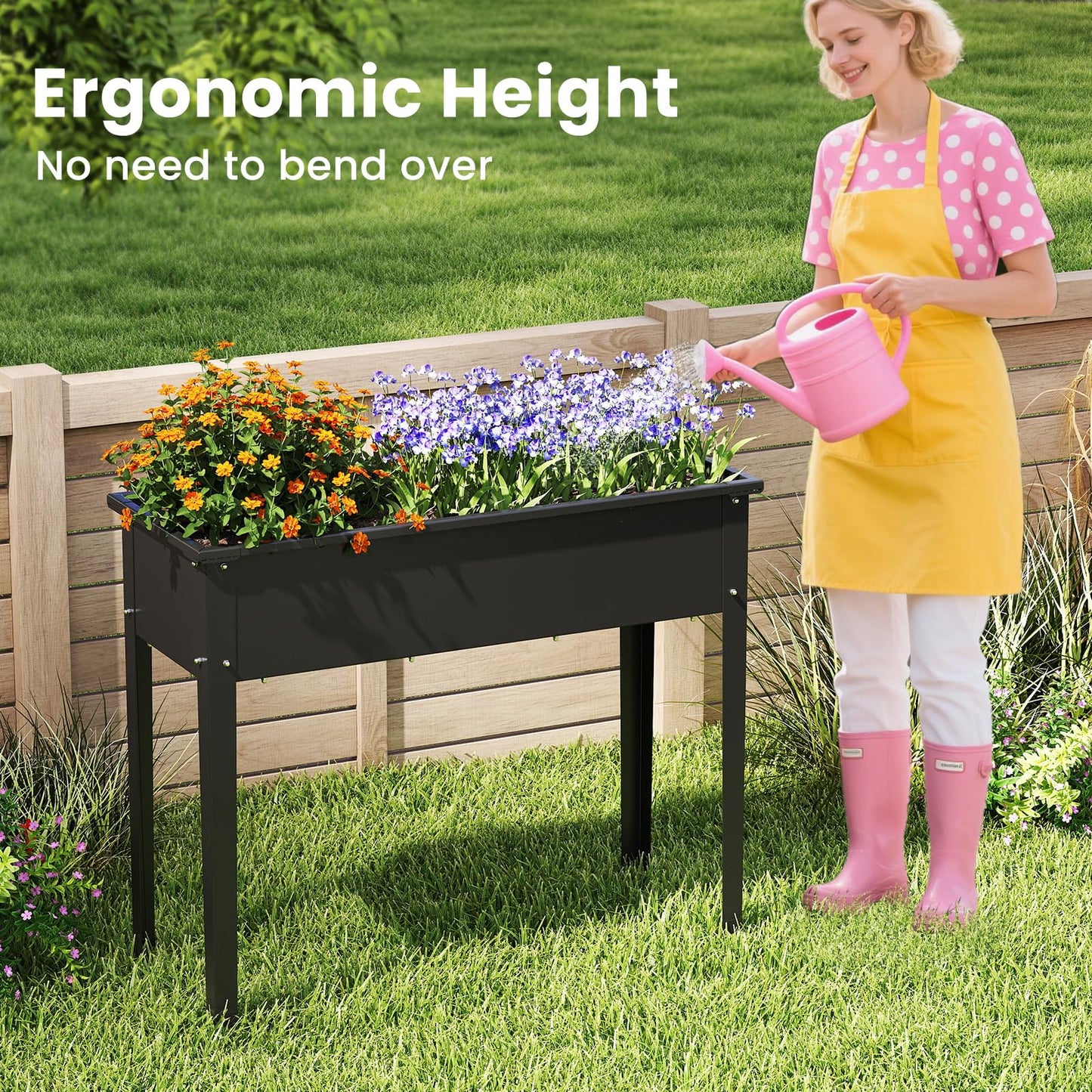 HAPPYGRILL Raised Garden Bed, Metal Elevated Planter Box w/Legs, Drainage Holes for Growing Vegetables Fruits Flowers, Indoor Outdoor Standing Plant Container for Backyard Patio (Black, 40”x16”x32”)