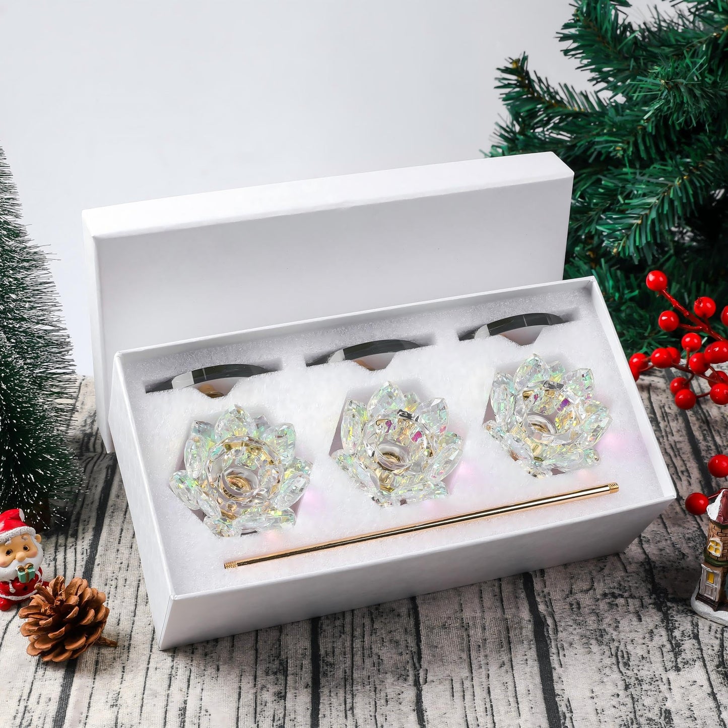 3pcs Crystal Candle Holders, Lotus Flower Candlestick Holders with Mirror Base, Metal Stand, Elegant Table Centerpieces for Home Decor, Wedding, Party (Taper Candle)