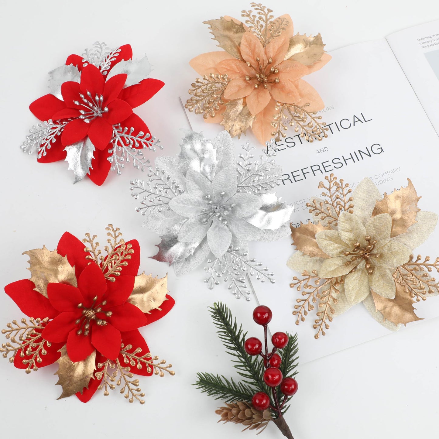 Christmas Tree Decorations 6“ Glitter Poinsettia Flowers - 24 Pcs Christmas Artificial Flowers for Tree Ornaments with Clips, Festive Decorations for Wreath, Mantel & Home Christmas Decor, Sliver