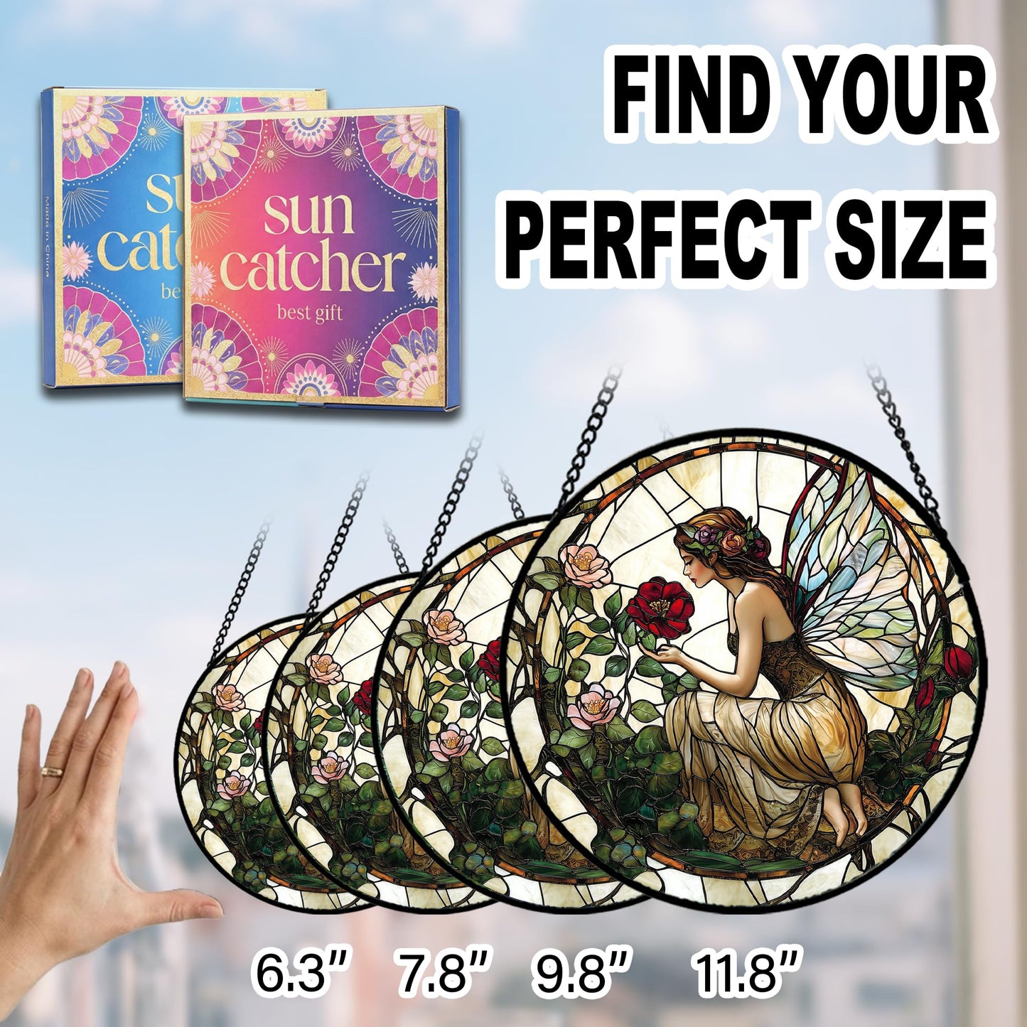 Birthday Gifts for Women - Butterfly Flower Fairy Faux Stained Glass Window Hanging Sun Catcher for Door Garden Acrylic Home Decor Mother's Day for Mom Nana Friend Grandma Wife 7.8"