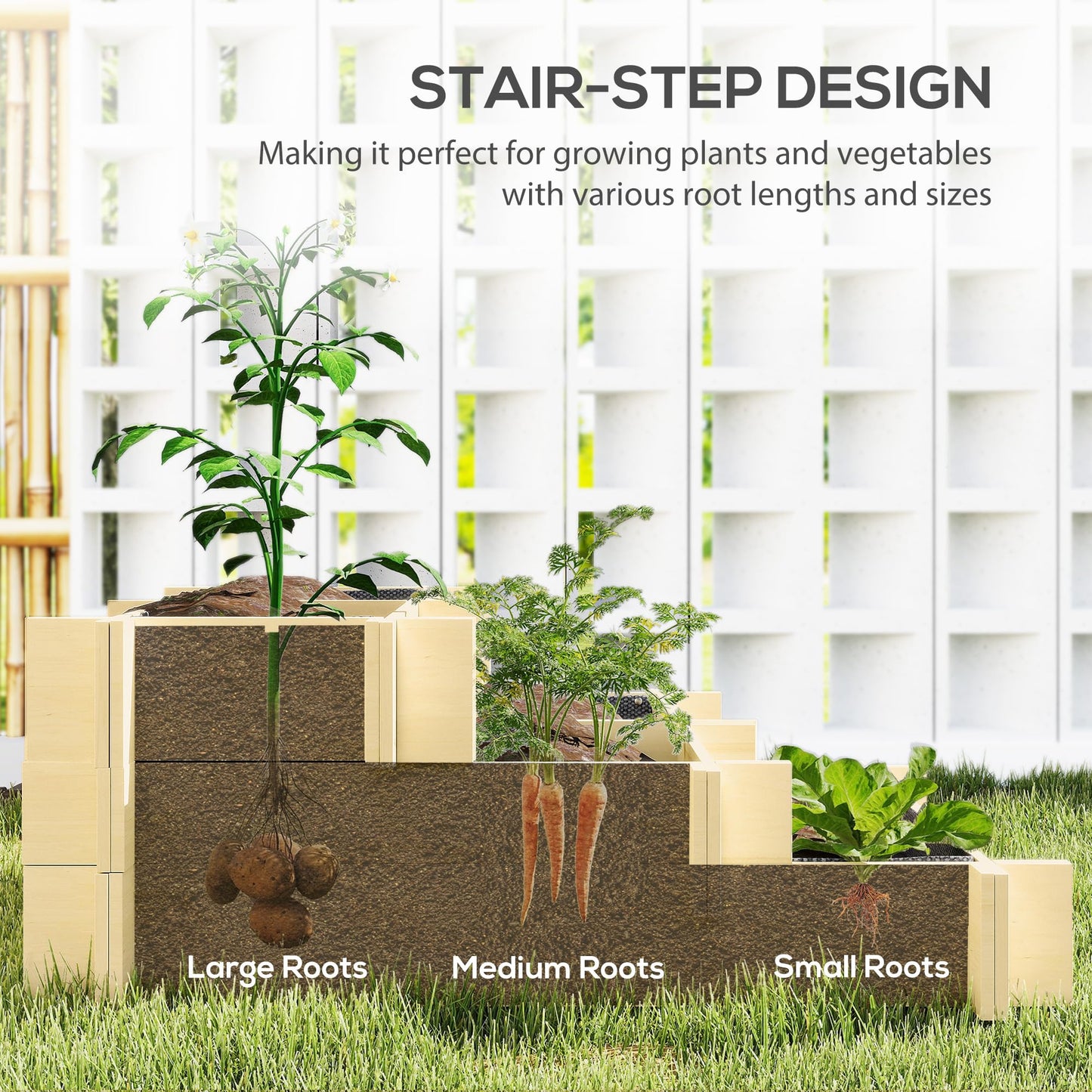 Outsunny 3-Tier Raised Garden Bed with 5 Compartments and Bed Liner, Fir Wood Elevated Planter Box, for Vegetables, Herbs, Outdoor Plants, 37 x 37 x 14in, Natural
