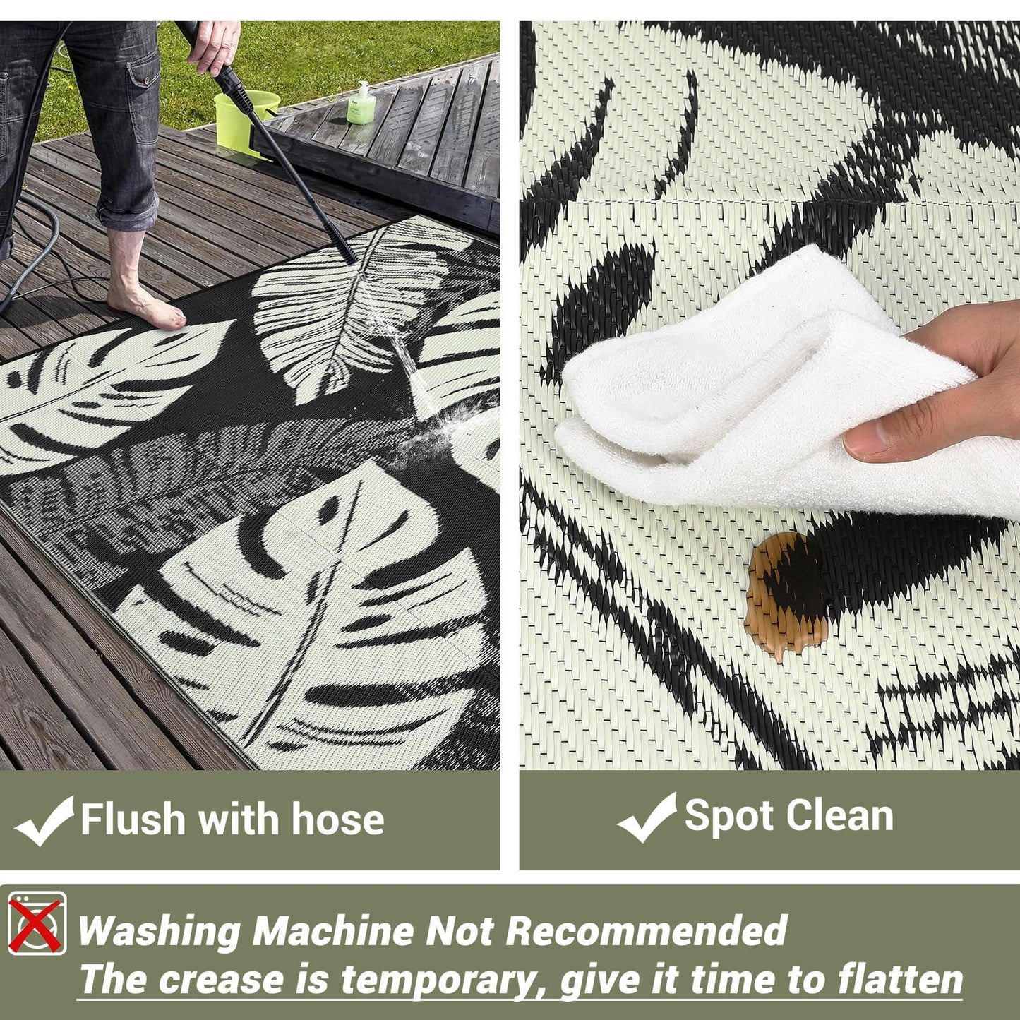 MilleLoom Waterproof Plastic Straw Outdoor Rug 9x18 Patio Reversible UV Resistant Foldable Camping Carpet Modern Leaf Print Large Outdoor Rugs for Deck, Porch, Camper, Balcony, Beach，Black/Beige