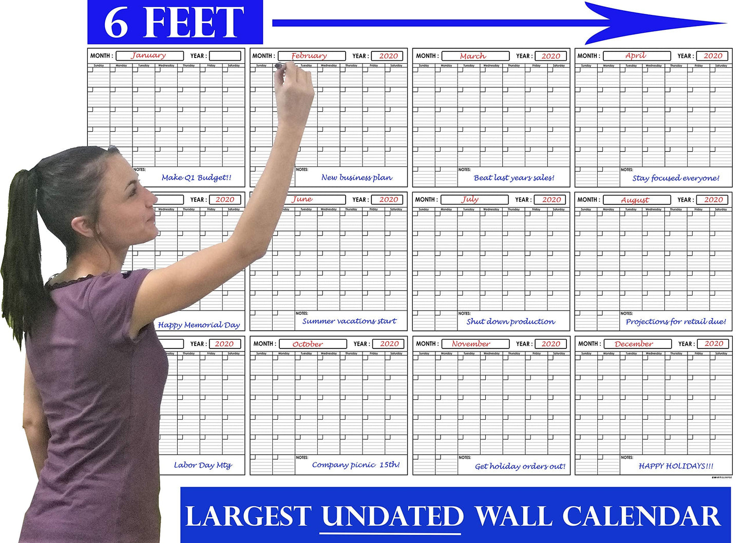 SwiftGlimpse 48" x 72" Large Jumbo Oversized Erasable Laminated Blank Annual Yearly Wall Calendar Poster, 12 Months, Reusable for Office, Academic or Home