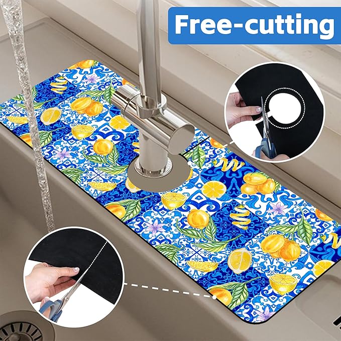 Blue Tiles and Yellow Lemon Sink Faucet Absorbing Mat Sink Splash Guard Faucet