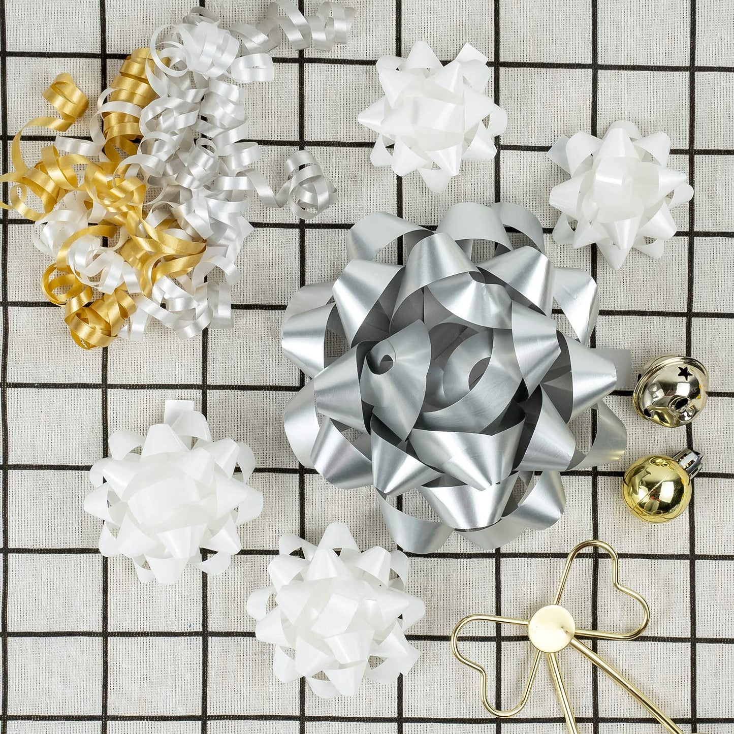 WRAPAHOLIC 40 Pcs Gift Bows Assortment - 28 Assorted Size Gift Bows(Gold&Silver&White), 1 Pull Bow, 2 Tinsel Bows, 2 Fountain Bows, 2 Curly Bows, 4 Curling Ribbons, 1 Cotton Twine