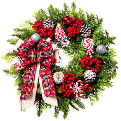 Christmas Wreaths for Front Door, 20 Inch Lighted Artificial Christmas Door Wreath with Candy Lollipops Ball Bow, Holiday Decorations for Home Decor