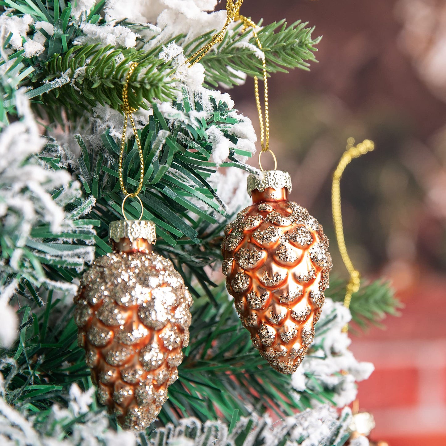 Watayo 12 Pcs Christmas Pinecone Glass Ornaments, Fall Hanging Pine Cone Painted Glass Ornaments, Glitter Pinecone Christmas Ornament for Xmas Tree DIY Crafts Fall Thanksgiving Day Decoration