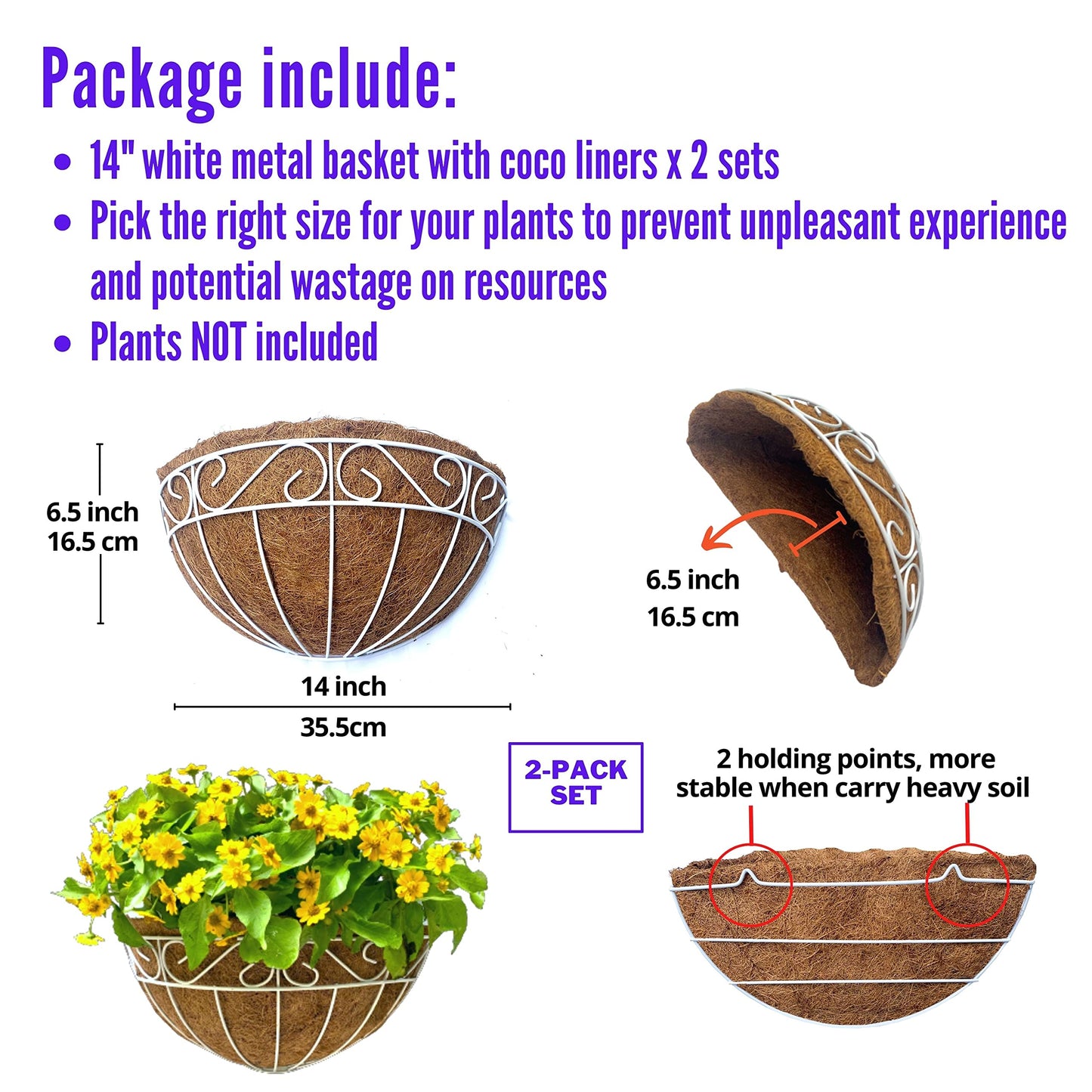 LaLaGreen Wall Mounted Flower Baskets (2 Pack, 14 Inch) Large Wall Hanging Planter with Coco Liner for Outdoor Plants, White Metal Fence Pots Holder Rail Railing Deck Porch Balcony Garden Patio Decor