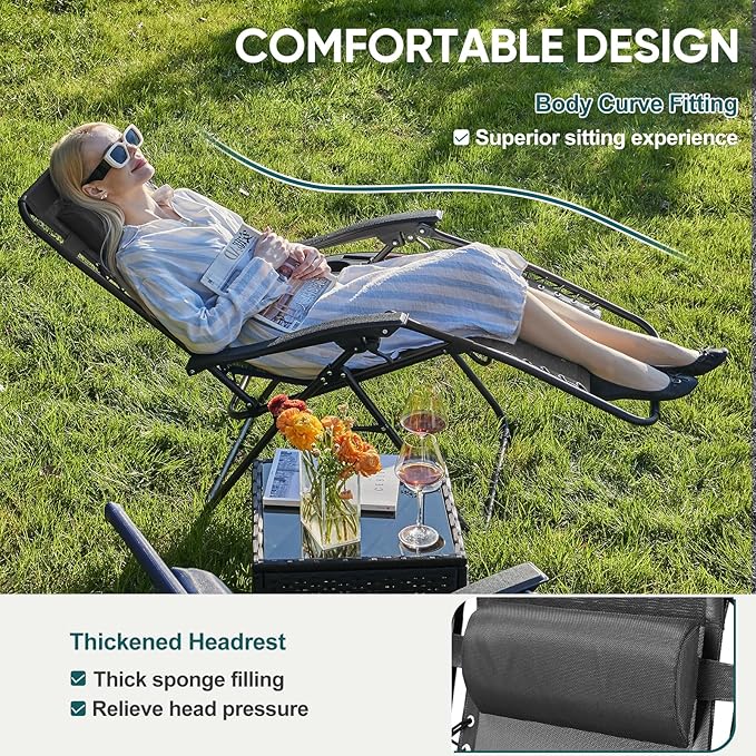 NEWBULIG Zero Gravity Chair Set of 4, Lounge Chair Folding Portable Adjustable Camping Reclining Chairs with Adjustable Pollow, Mesh Back, Cup Holder Trays Lawn Patio Chair for Pool Beach - Black