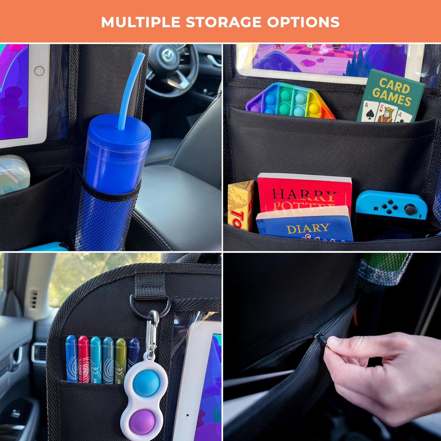 Huckaboo Car Seat Organiser - Kids Back Seat Organiser, Storage Pockets, Screen Holder, Black, 1 Pack
