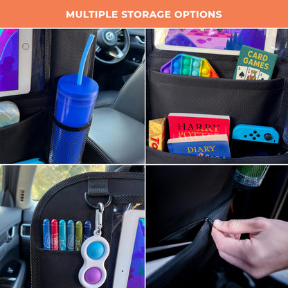Huckaboo Car Seat Organiser - Kids Back Seat Organiser, Storage Pockets, Screen Holder, Black, 1 Pack