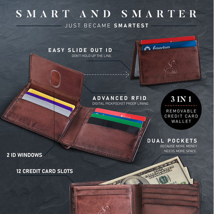 BULL GUARD Rfid Leather Wallet | The Respected Gentlemans Bifold Slim for Men | Travel Secure RFID Blocking | Mens Full Grain Leather Wallet with Removable ID Credit Card Holder