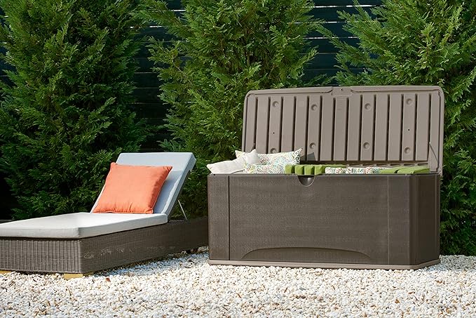Rubbermaid Extra Large Resin Outdoor Storage Deck Box with Seat (120 Gal), Weather Resistant, Brown, Deck Organization for Home/Backyard/Pool Chemicals/Toys/Garden Tools/Porch/Patio Cushions