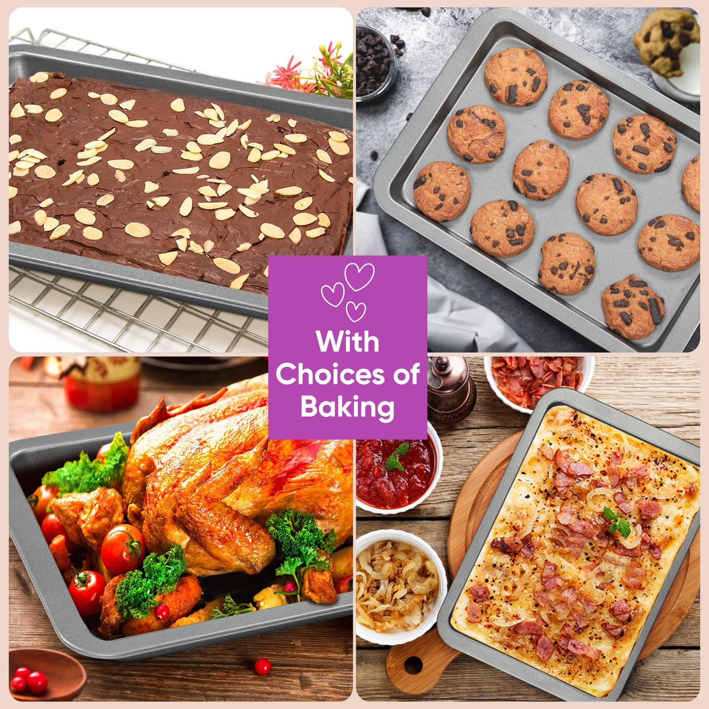 ThingsPlus Set of 2 Baking Trays for Oven Non Stick, Premium Carbon Steel Oven Trays Non Stick with Teflon Coating, Durable & Easy-Clean NonStick Baking Tray Set for Cookies & Savories (32x22x2cm)