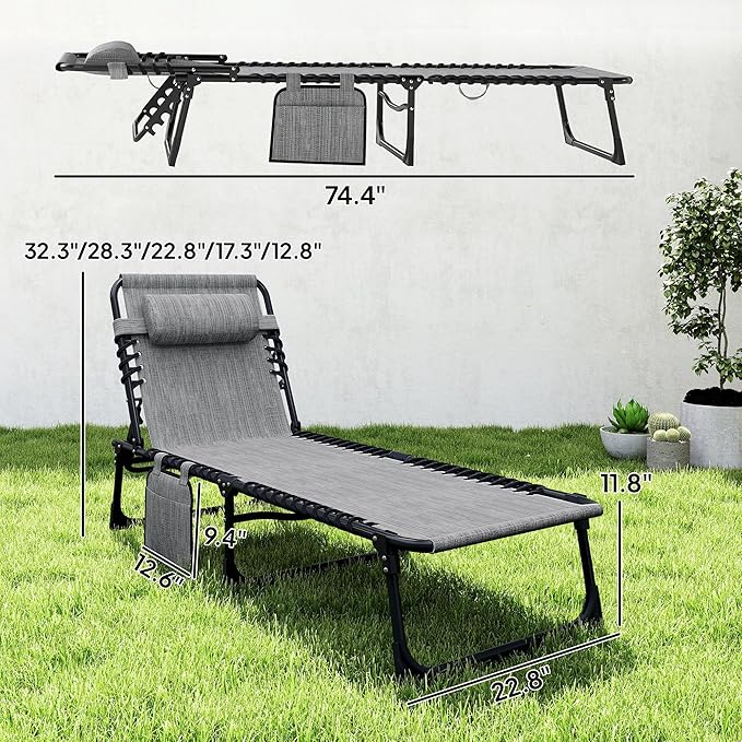 Outsunny Chaise Lounge Chair Outdoor, 5-Position Adjustable Sun Tanning Chair with Carrying Handle and Side Pocket, Folding Bed Cot with Removable Pillow for Garden, Beach, Patio, Pool, Camp, Gray
