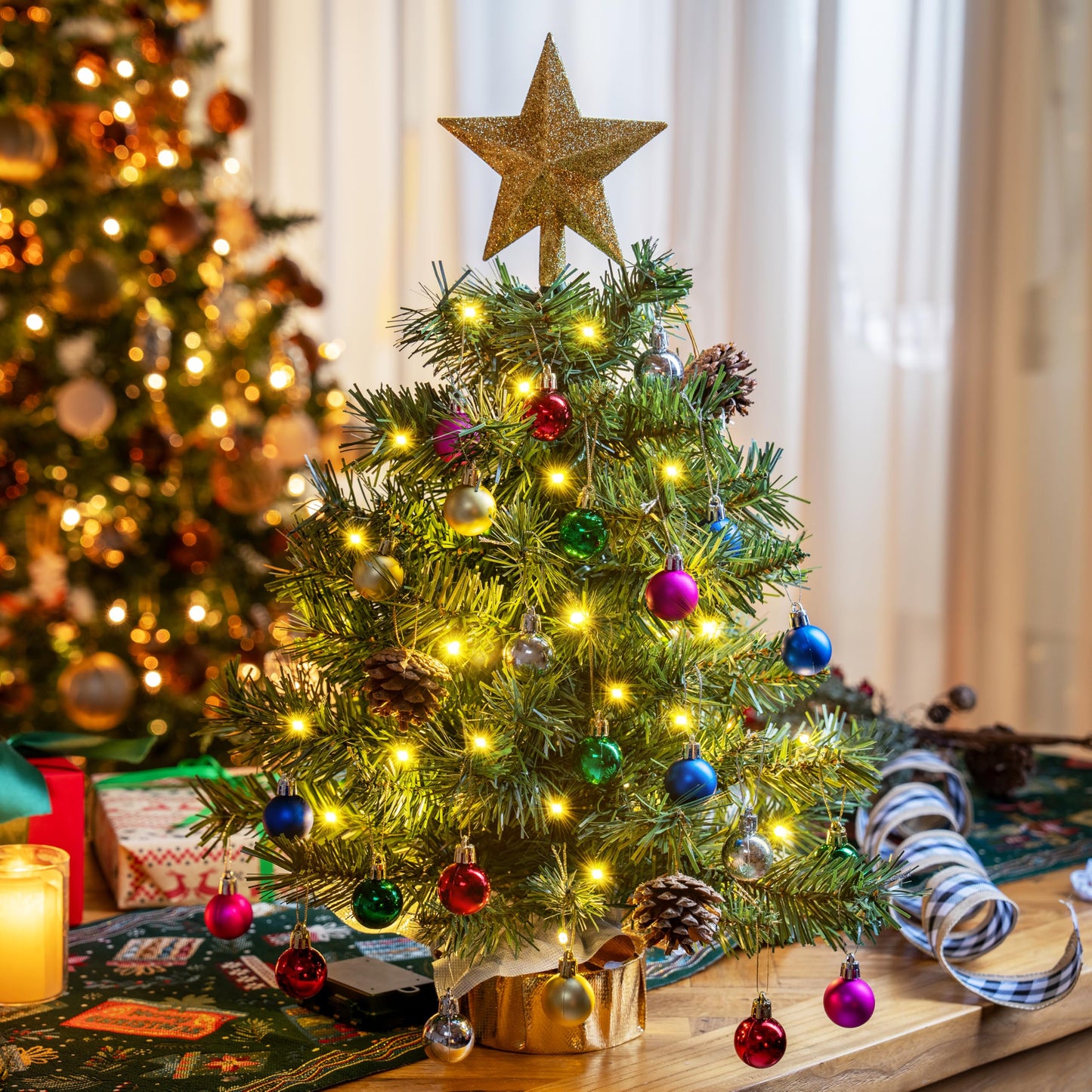 Joiedomi 24"/2FT Tabletop Mini Christmas Tree Pre lit with Warm Lights, Holly Berries, Pine Cones and Ornaments for Indoor Artificial Mini Xmas Tree Holiday Season Decorations (Gold)