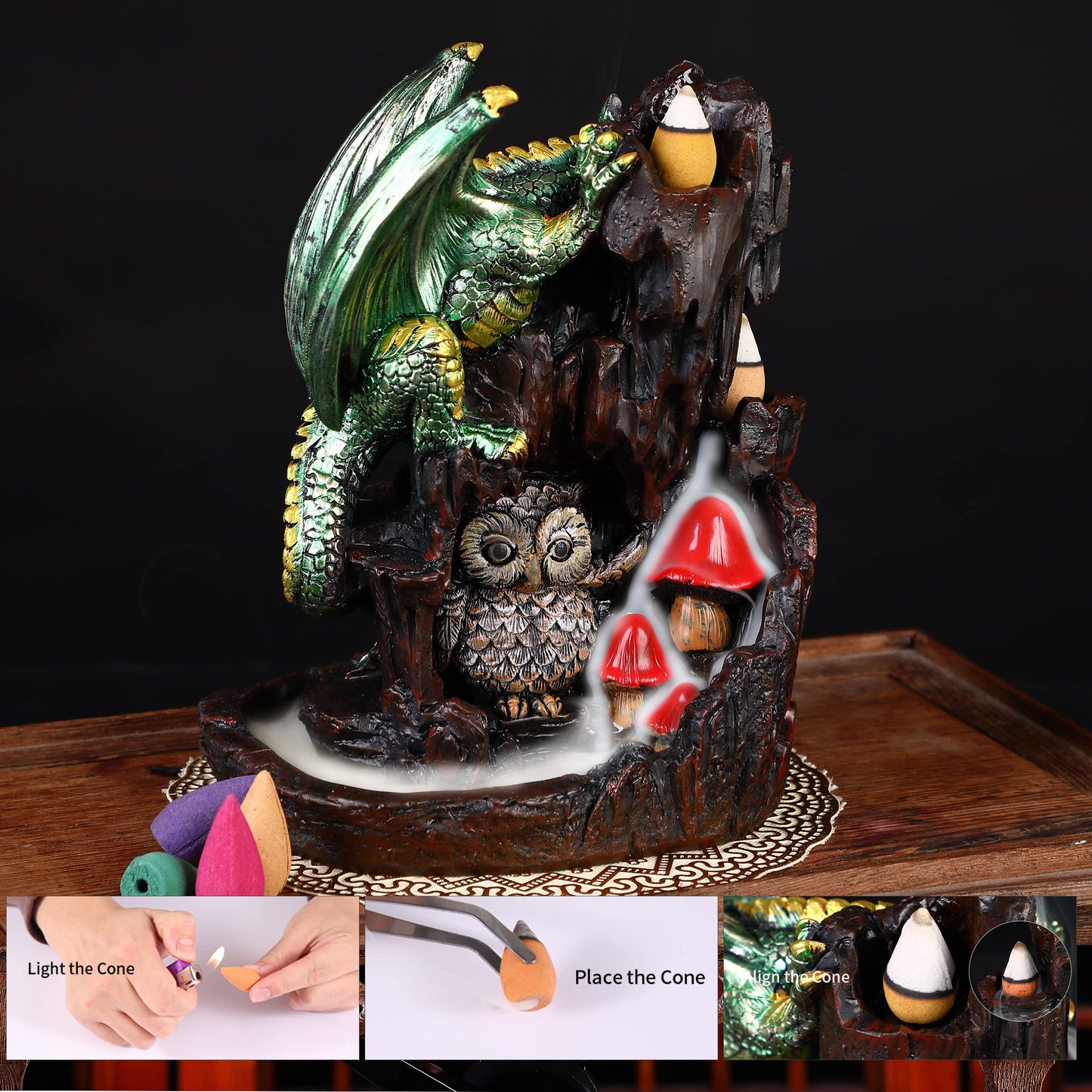 Zvaiuk Dragon Backflow 2 Sided Mountain Waterfall Incense Burner,Fountain Smoke Incense Holder with Backflow Incense Cones, Tweezers, Mat，Resin Aromatherapy Meditation (Green)