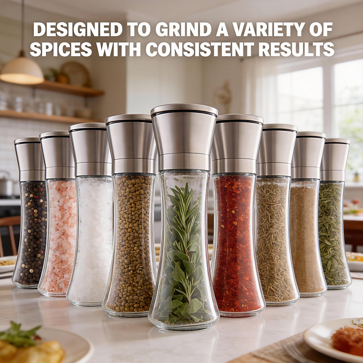Gorgeous Salt & Pepper Grinder Set — Refillable Stainless Steel & Glass Spice Mill with Adjustable Coarseness - Perfect For Himalayan Or Sea Salts, Fresh Ground Pepper, Or Fresh Spices (2 Pack)