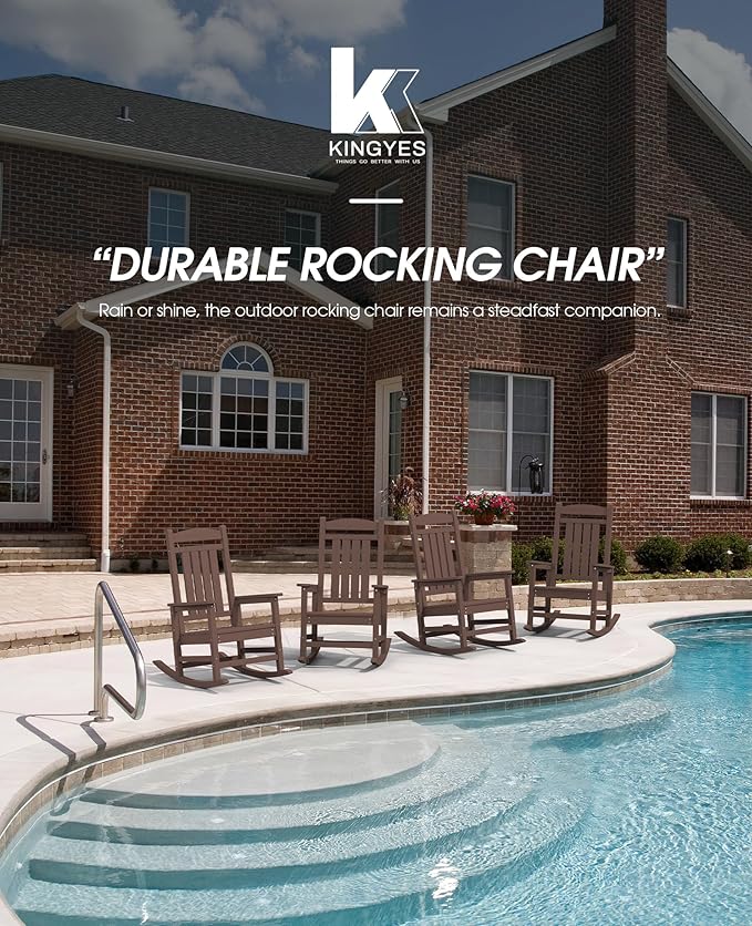 KINGYES HDPE Rocking Chairs Outdoor, Patio Rocking Chairs with 330lbs Support, Smooth Porch Rocker for Deck Lawn Yard, Coffee Brown