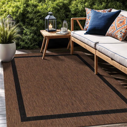 Luul Home Bordered Outdoor Rug 9x12 Washable Outside Carpet for Indoor Patio Porch Waterproof Easy Cleaning Non Shedding Area Rugs Nut Brown - Black 9 x 12