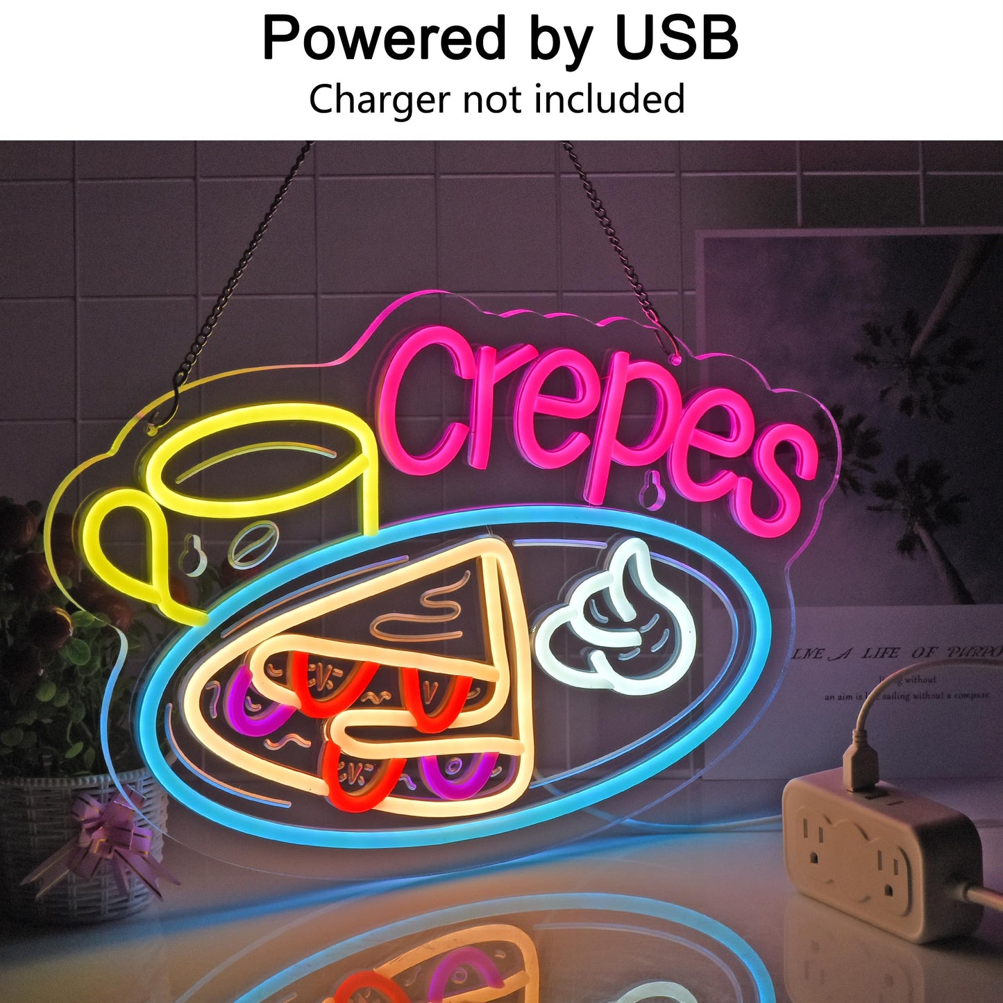 JOMOBUTY Crepes Neon Sign, Neon Lights Hanging Wall Art Decoration for Business Restaurant Shop Store House Bar Cafe Party Home Decor, USB Powered Ultra Bright Dimmable,16.14×10.63inches