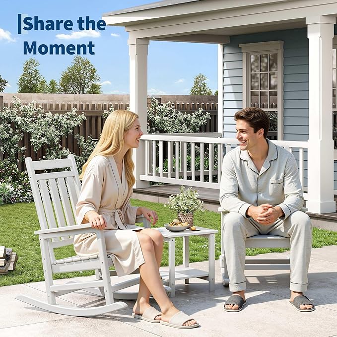 GarveeLife Poly Lumber Rocking Chair Outdoor Set of 2 - HDPE High Back Porch Rocker Chairs for Adults - All Weather Resistant Furniture for Patio - White