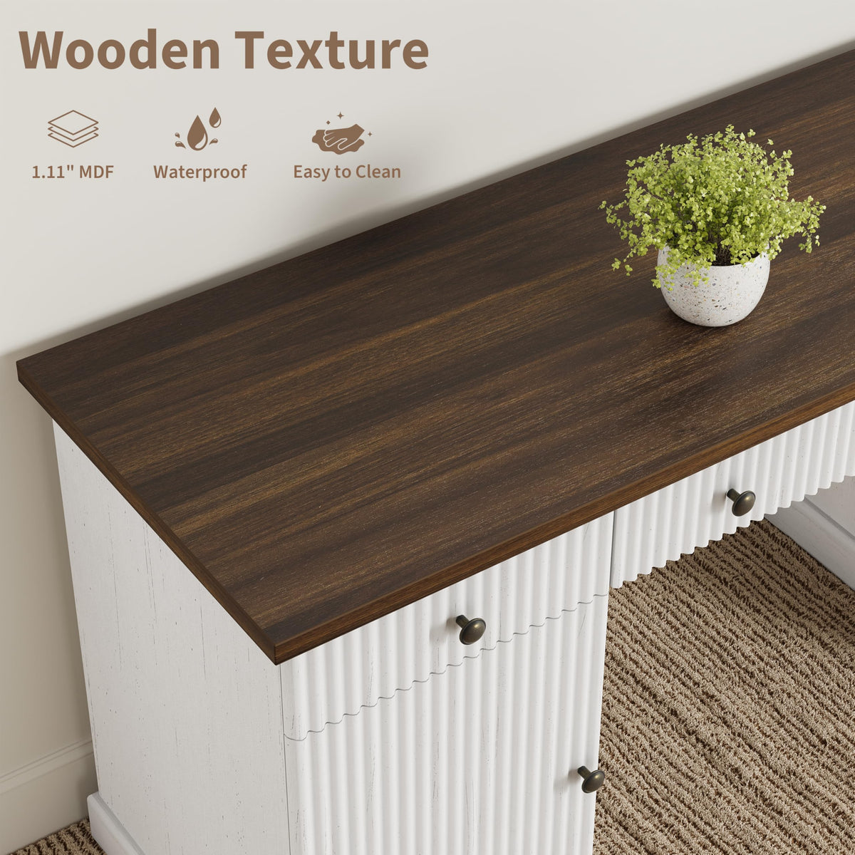 IDEALHOUSE 60 Inch Modern Executive Desk with Charging Station, USB-C/A Ports & 6.56ft Cord - Walnut & White Fluted Wood Office Desk with File Drawers, Sturdy Computer Desk for Home Office