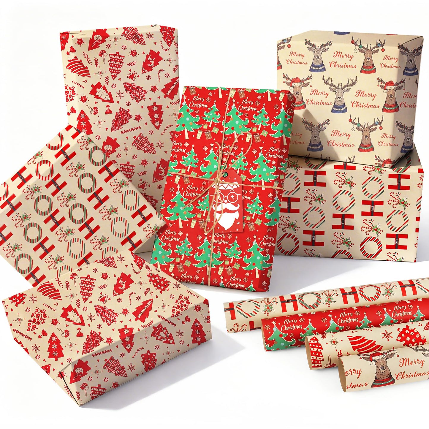 ENFANTRY Christmas Wrapping Paper, 4 Sheets Gift Wrapping Paper Bundle, Christmas Tree Reindeer Head Xmas Gift Paper, Thick Kraft Brown Paper for Chrimas, Birthday, New Year, Valentines, Wedding, Holiday Deco, DIY