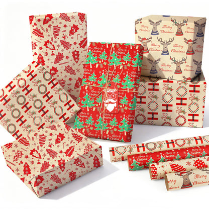 ENFANTRY Christmas Wrapping Paper, 4 Sheets Gift Wrapping Paper Bundle, Christmas Tree Reindeer Head Xmas Gift Paper, Thick Kraft Brown Paper for Chrimas, Birthday, New Year, Valentines, Wedding, Holiday Deco, DIY