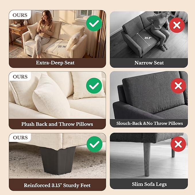 Loveseat Sofa with Cloud 3-Layer Cushion & 27" Deep Seat, Modern Small Couch