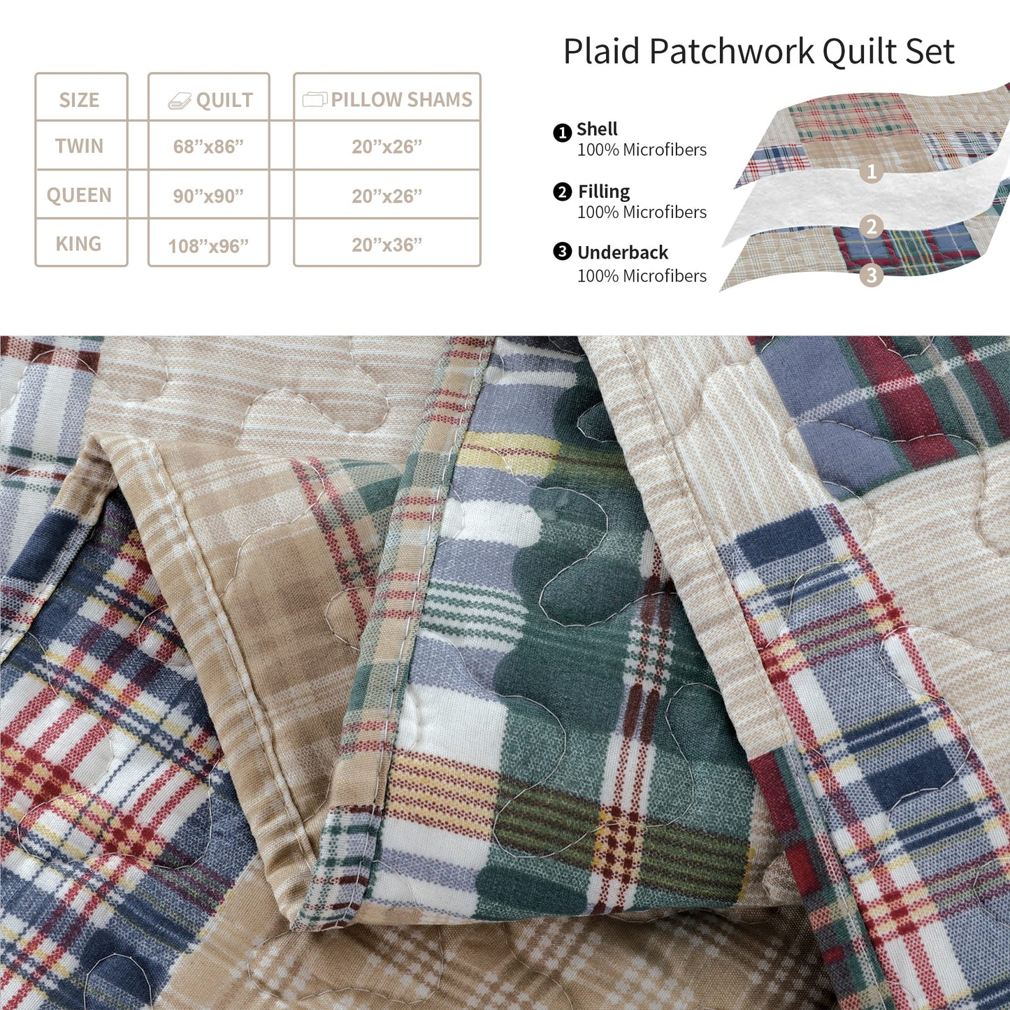 Plaid Collection King Size Quilt Set - Lightweight Reversible Bedspread with Pillow Shams, Beige