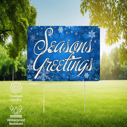 Seasons Greetings Blue Christmas Classic Yard Sign for Home Decor and Lawn Decoration With Stakes, Merry Christmas Sign 17x13 Inch