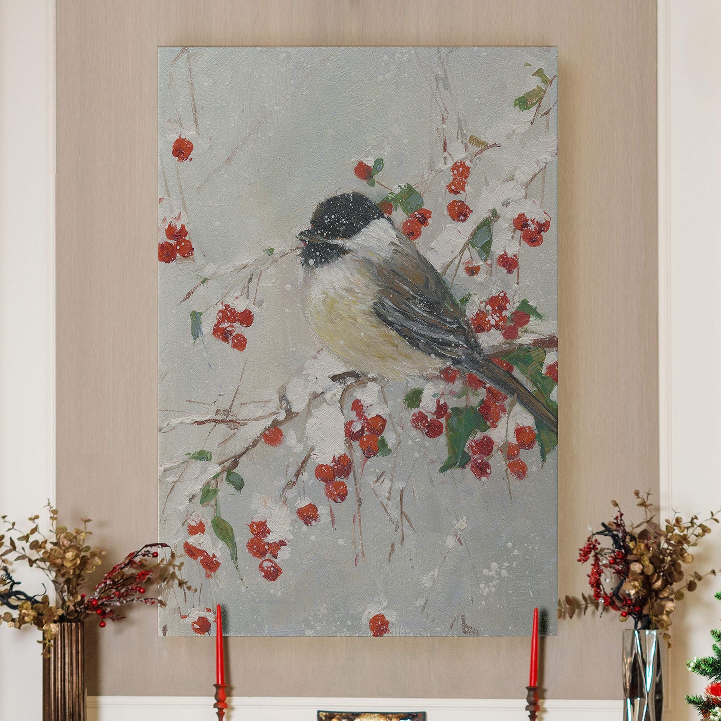 Renditions Gallery Animals Wall Art Paintings & Prints Holly Berries and Chickadee Christmsa Bird Abstract Art Wall Prints for Bedroom Dining Living Room Office Home Kitchen Wall Decor - 32"X48" LT18