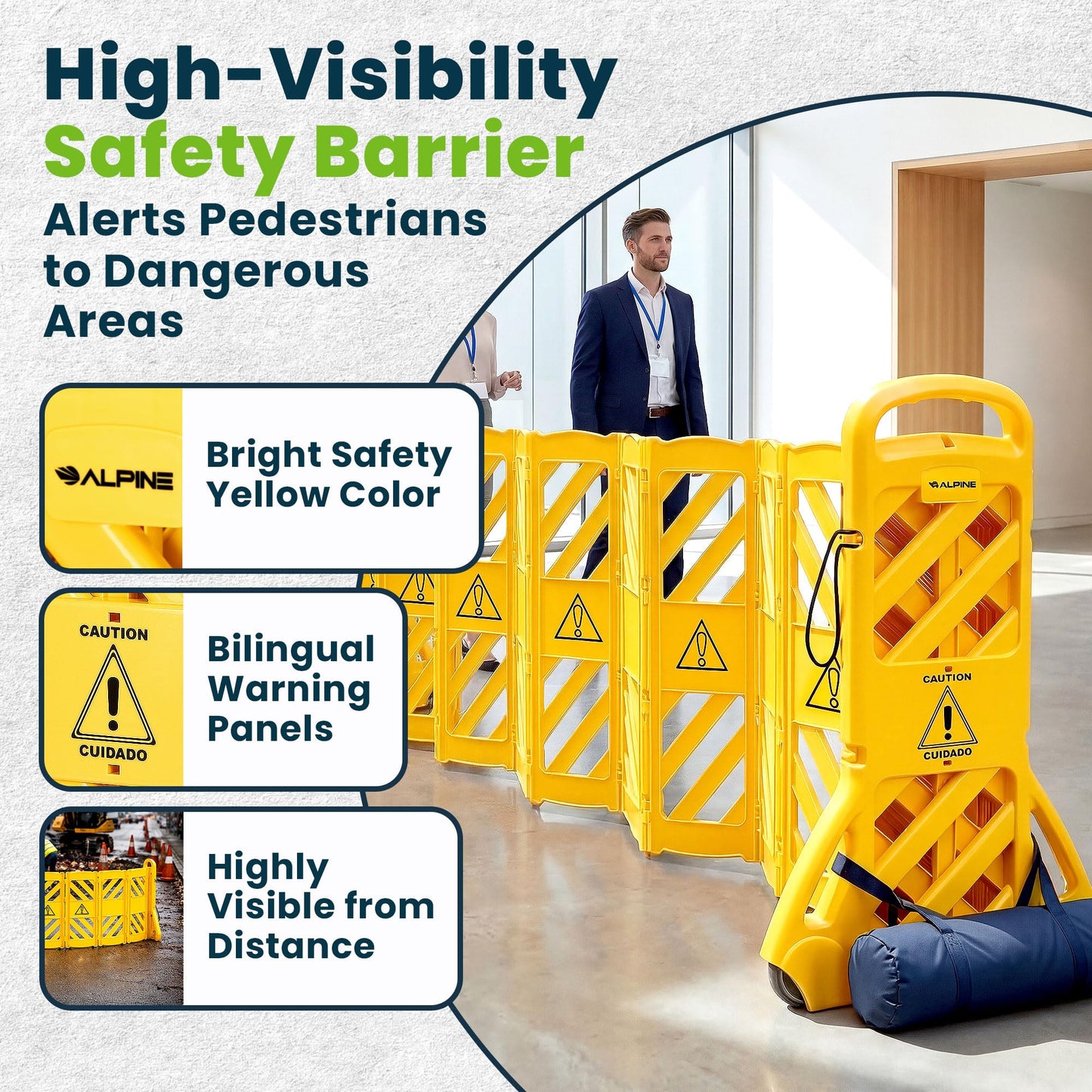 Alpine Commercial Safety Barriers, 13 Foot Expandable Mobile Barricade System - Folding Portable Barrier, Traffic Barricade Fence, Plastic Barricade for Construction, Traffic Control, Driveway Gate