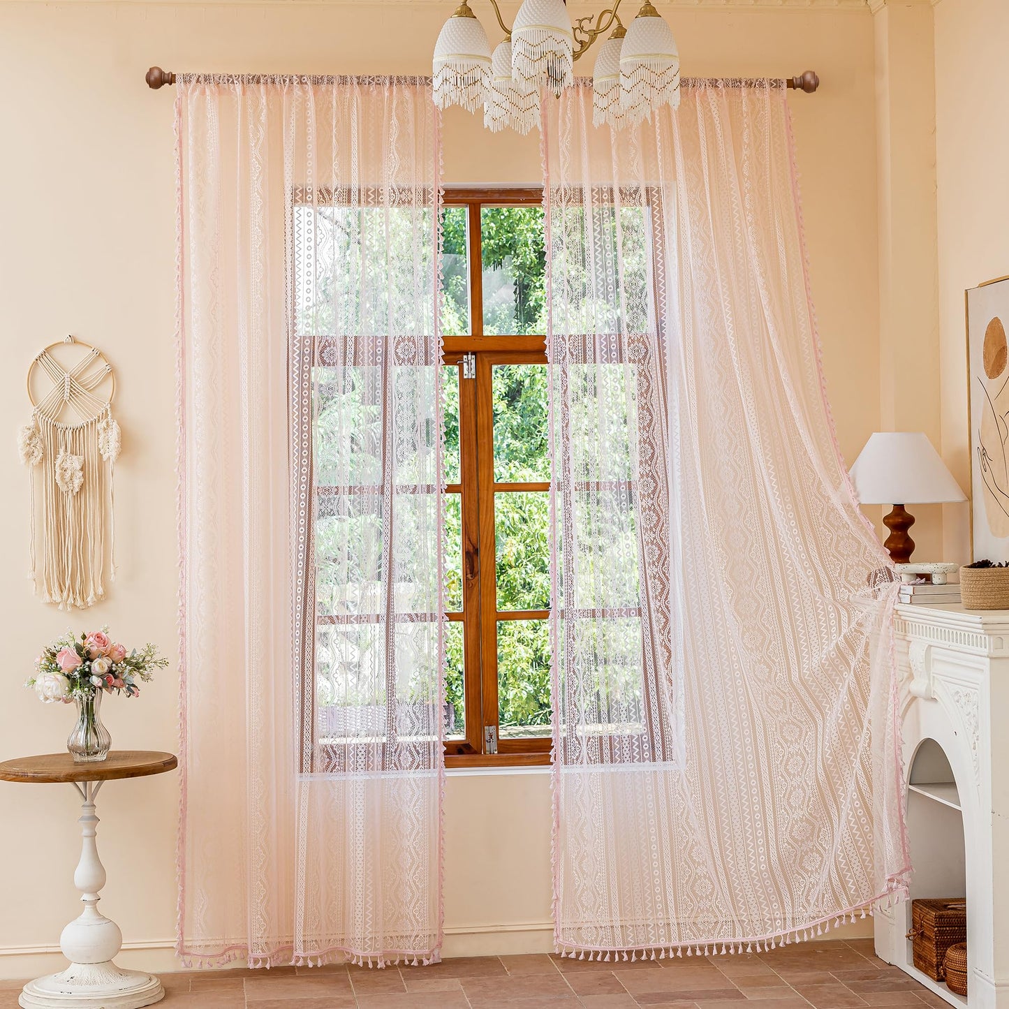 MYSKY HOME Pink Sheer Lace Curtains 2 Panels 63 inch Length for Girls Room Nursery Boho Vintage Floral Crochet Pattern Privacy Rod Pocket Tassels Small Windows Curtains, Wide 55 inch, 2 PCs