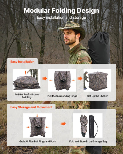 VEVOR Hunting Blind，See Through Ground Blinds with Carrying Bag, 360 Degree Portable Camouflage Tent，Durable Concealed Shelter with Silent Side Door and Window, for Turkey and Deer (4-5 Person)
