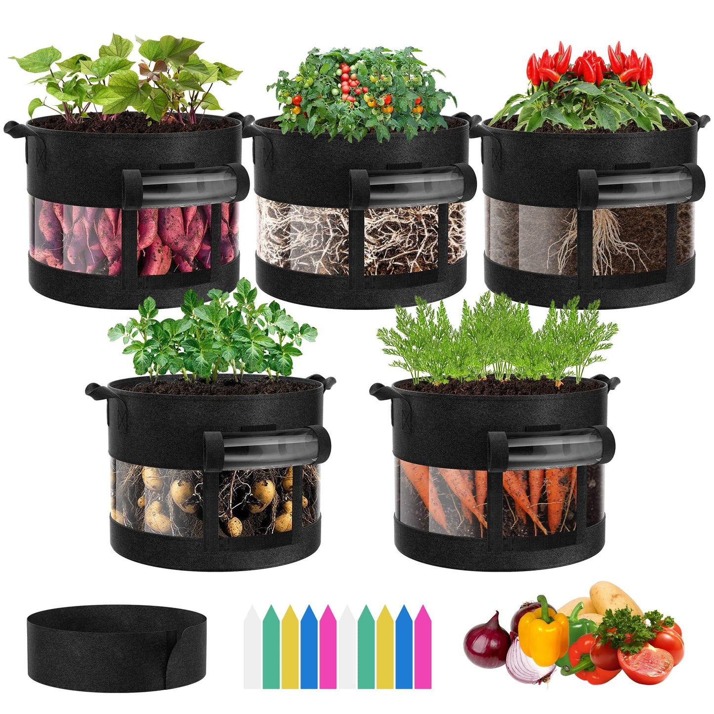VIVOSUN 5-Pack 10 Gallon Potato Grow Bags, Thick Fabric Pots with 360 Visibility & Harvest Window, Black
