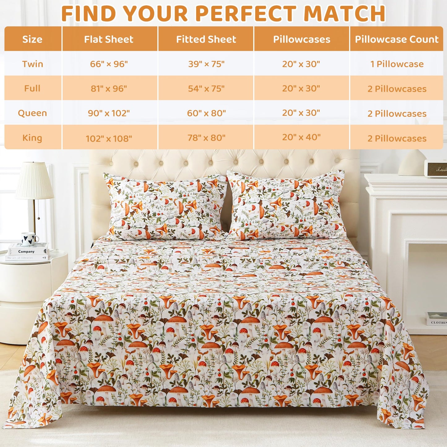 Mooreeke Cozy Vintage Microfiber Printed Full Sheet Set - Soft & Breathable Percale Mushroom Forest Bed Sheets with Extra Deep Pocket - Non-Slip Fitted Design - Jungle Mushroom Leaves Pattern - Full