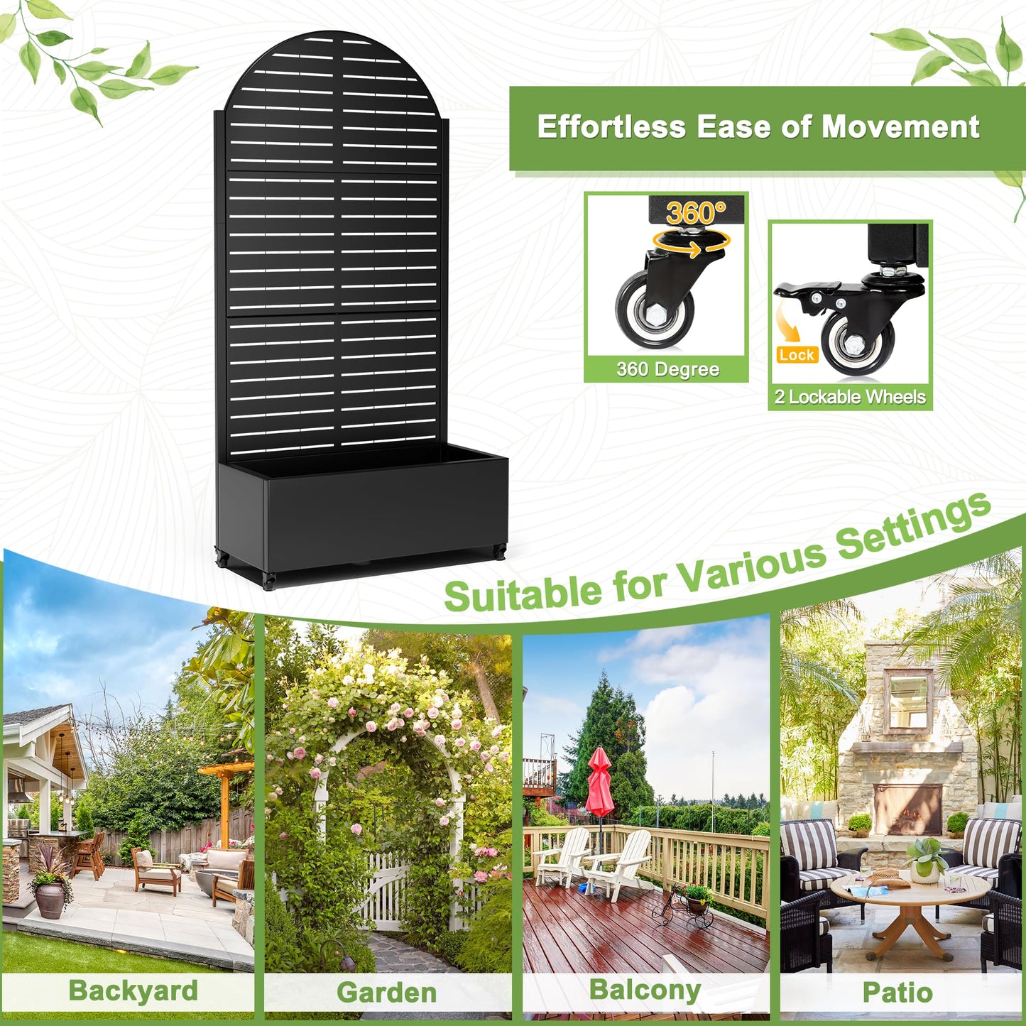 FENCY Metal Raised Garden Bed with Wheels and Trellis,Arched 73"x35"x16" Planter Box for Climbing Plants, Vegetables & Vines, Features Privacy Screen and Drainage Holes (Black-Louvered)