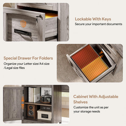 Decofy L Shaped Farmhouse Executive Desk with Drawers, 67" Home Office Desks with Fast Charging Station, Lockable File Cabinet, Wood Writing Computer Desk for Work, Study, Grey