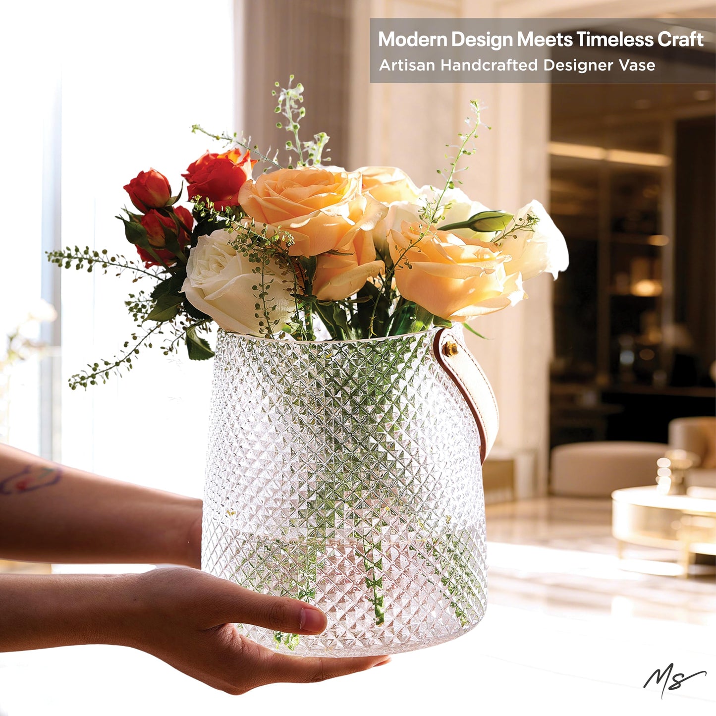 Nordic Handcrafted Crystal Glass Vase with Vegan Leather Handle – Diamond Textured Flower Vase – Modern Decorative Centerpiece for Dining Table, Wedding & Luxury Home Decor