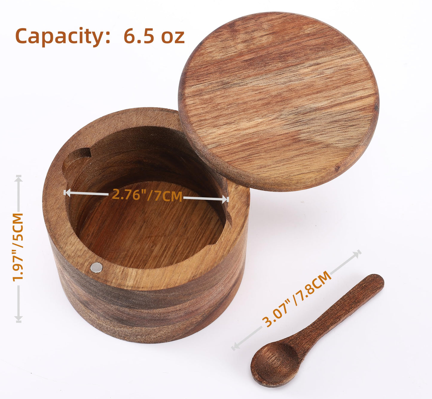 RAETTER.LY Acacia Wood Salt and Pepper Bowl, Nature Wood Salt Cellar and Spices Storage Box With Built-in Spoon and Magnetic Swivel Lid (Single Compartment 6.5 oz)