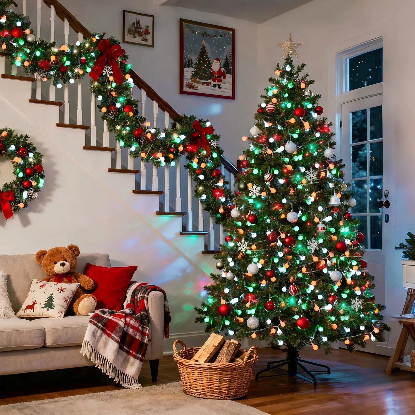 JMEXSUSS Globe String Lights, Red White and Green Christmas Lights，100 LED Plug
