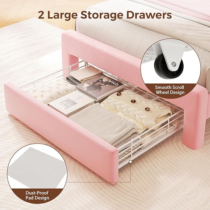 Twin LED Bed Frame with Storage Headboard & 2 Storage Drawers, Princess Velvet