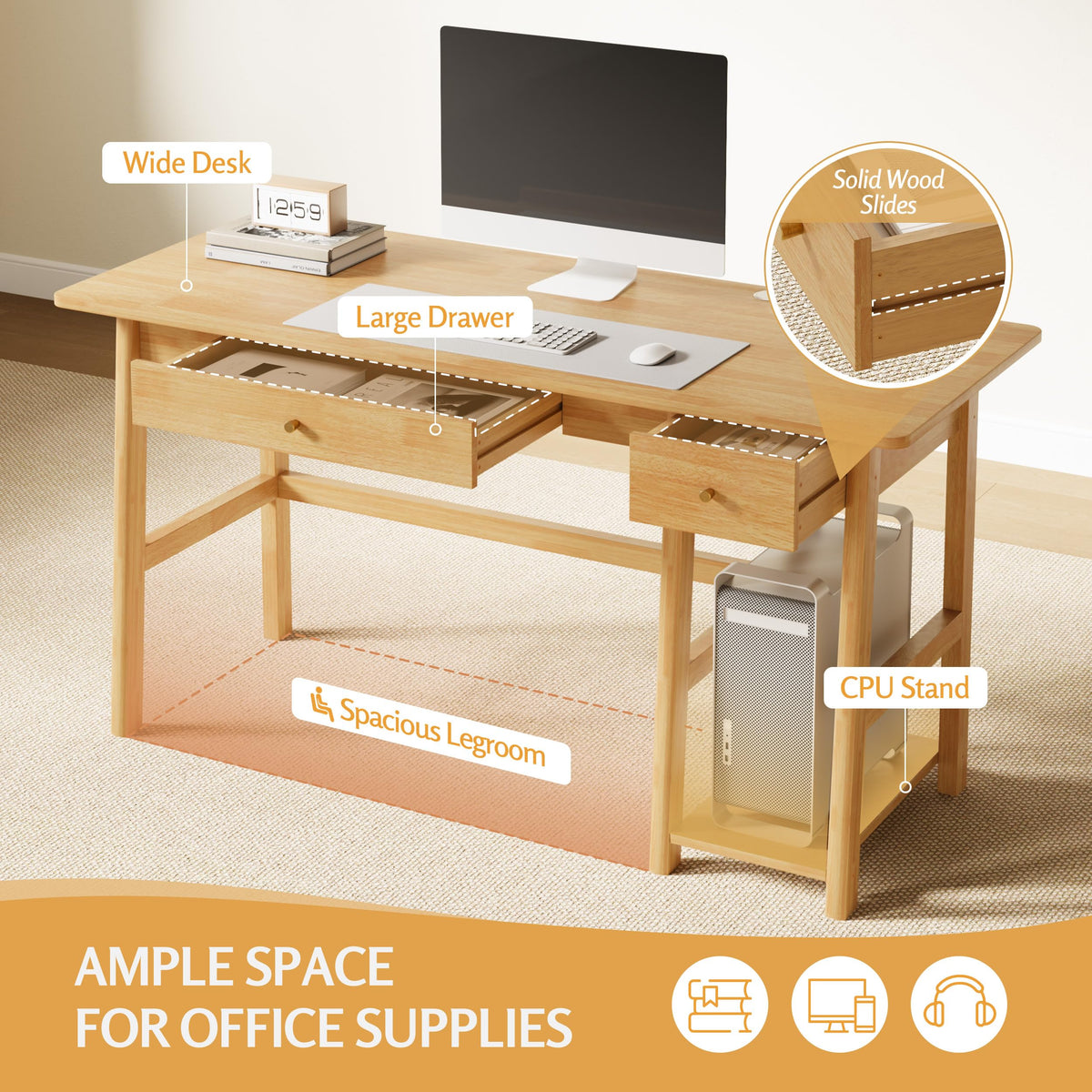 NELYE Solid Wood Desk with Drawer - 52 Inch Modern Writing and Computing Workstation for Home Office in Oak