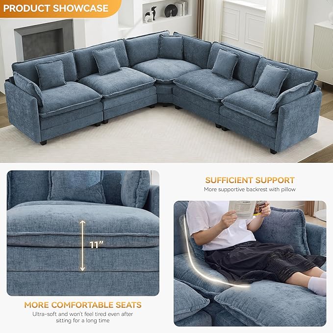 113'' V Shaped Cloud Sectional Sofa, Oversized Deep Seat Couches