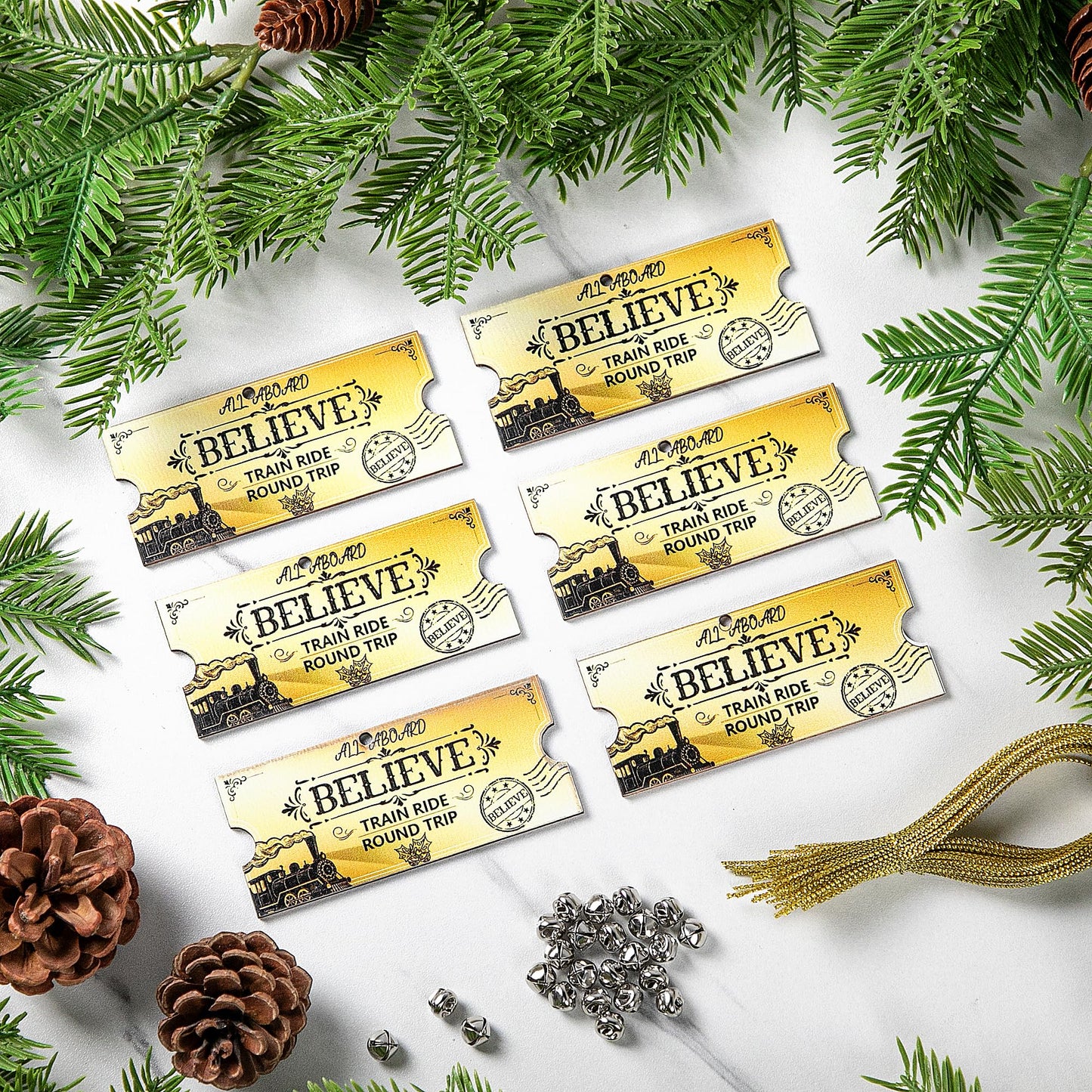 Mizelu 30 Set Christmas Polar Golden Wooden Tickets, North Pole Train Ticket Ornaments with Bells and Ropes, Christmas Believe Train Decoration for Xmas Holiday Party Favor Supplies (Golden)