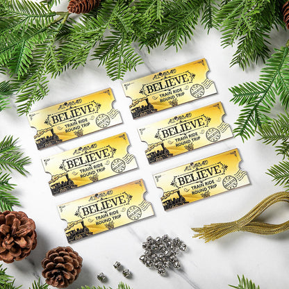 Mizelu 30 Set Christmas Polar Golden Wooden Tickets, North Pole Train Ticket Ornaments with Bells and Ropes, Christmas Believe Train Decoration for Xmas Holiday Party Favor Supplies (Golden)