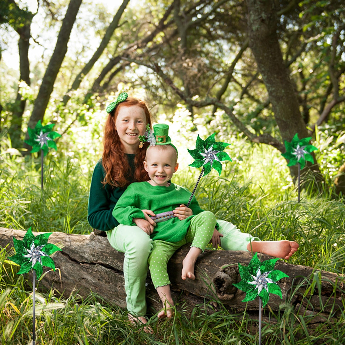 Hausse 10 Pack Reflective Pinwheels Holiday Decor (Assembly Required), Sparkly Wind Sculptures for St. Patrick's Day Decorations Party Supplies, Scare Birds Away from Garden Yard Patio Farm, Green