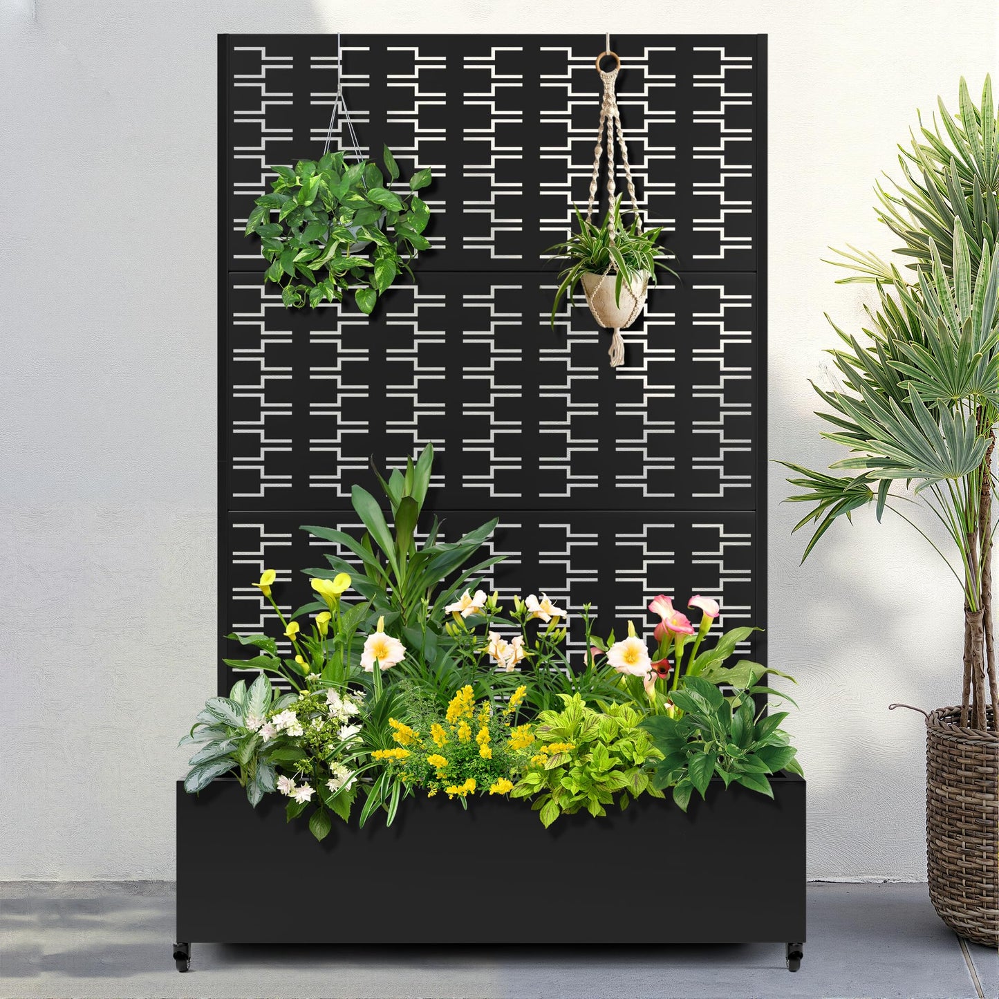 FENCY Metal Raised Garden Bed with Wheels and Trellis,73"x47"x16" Planter Box for Climbing Plants, Vegetables & Vines, Features Privacy Screen and Drainage Holes (Black-Brick)